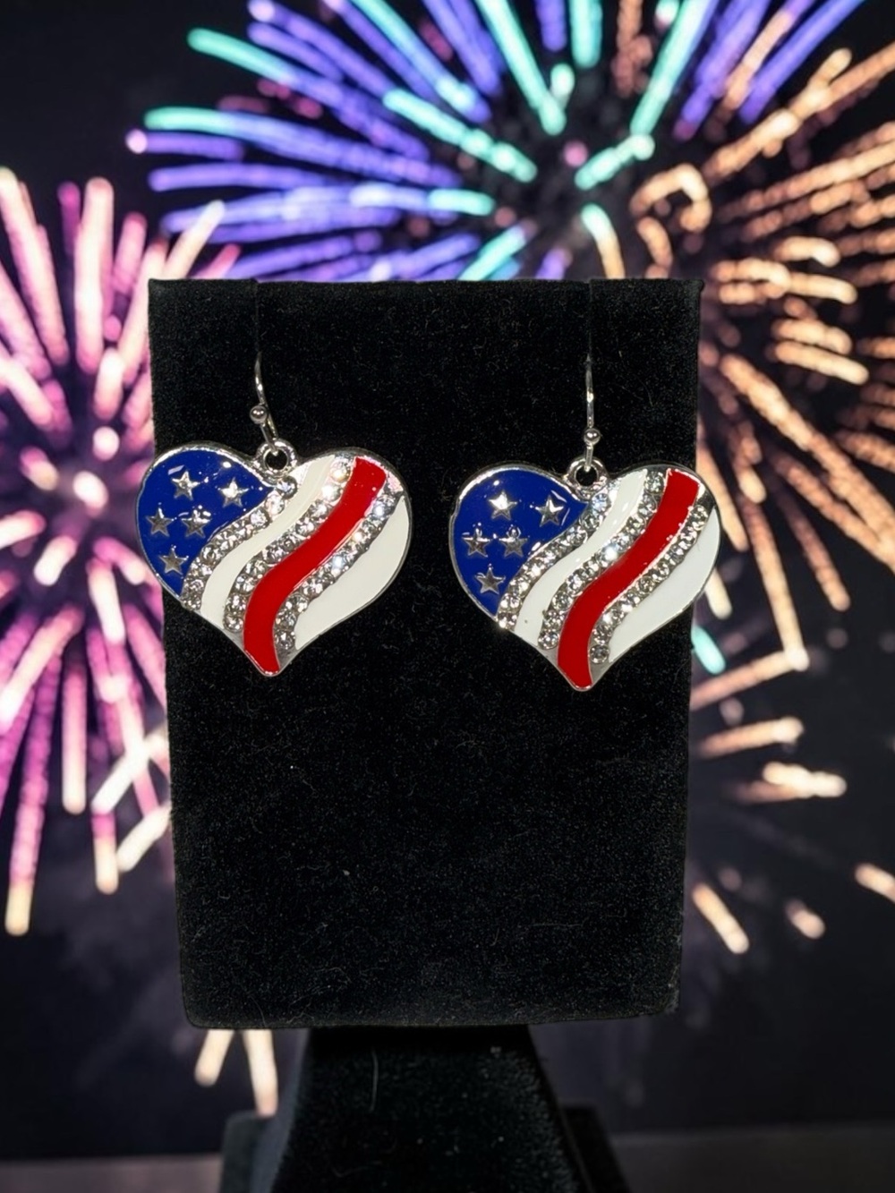 Patriotic Heart Dangle Earrings - Red, White & Blue